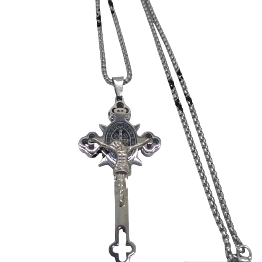 Unisex. Benedict Jesus Crucifix Titanium Silver Tone No Tarnish Hypoalle…